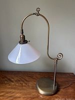 Full front view of brass goose-neck lamp on wooden surface