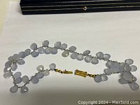 Full view of the necklace coiled on a white surface with black display box in background