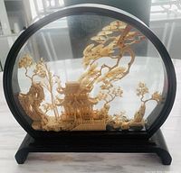 Front view of vintage handcrafted cork wood diorama showing intricate landscape and pavilion scene.