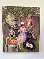 Front view of the oil painting showing children in Halloween costumes in a garden setting.