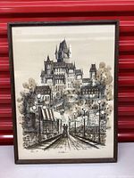 Framed vintage print showing Quebec Le Chateau with street view and lampposts.