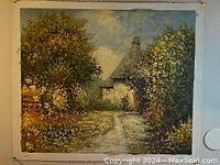 Full view of oil on canvas painting of a house and trees with a pathway.