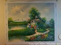 Full view of the oil on canvas painting showing a cottage by a pond with garden path and flowers.
