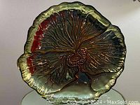 Top view of clear art glass tray with amber-brown textured starburst design and irregular edges.