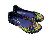 Pair of Skechers EZ Flex slip-on shoes in multicolor woven pattern with memory foam insoles, shown from an angled top view.