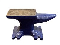 Side view of a blue painted cast anvil showing the face, horn, and base with a stable four-foot design.