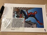 Photo showing Spider-Man artwork in action pose with city skyline, sealed in plastic with an attached certificate describing John Romita Jr.'s contribution to Marvel comic art.