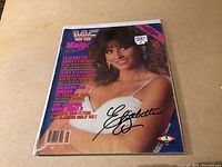 Front cover of the 1986 May issue of WWF Magazine featuring Lady Elizabeth with autograph on the cover.