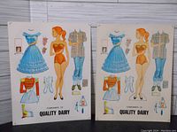 Two paper doll sheets side by side featuring a female doll and various outfits.