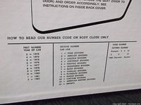 Close-up of instruction page from the booklet explaining how to read number codes on body cloth, showing car years from 1973 to 1982 and car divisions such as Mercury, Lincoln, Pontiac, Chevrolet, Oldsmobile, Buick, Cadillac, Chrysler, imports, and American Motors Division.