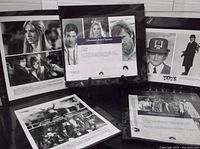 Photo showing an assortment of black and white and color publicity photos featuring Robin Williams, Bob Saget, Mark Wahlberg, Richard Pryor, and Jennifer Aniston, some with Paramount Pictures logos and typed descriptions.