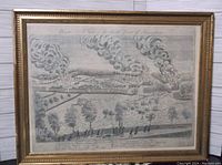 Full view of framed black and white print of southern Lexington showing smoke and landscape.