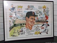 Framed print featuring caricature and statistics of Ted Williams with baseball imagery and stadium background.