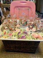 Full set displayed with serving tray at the back, pitcher in the center, and six tumblers arranged in front.