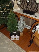 Overall view of wooden church placed next to two pine trees under a table showing their size and condition