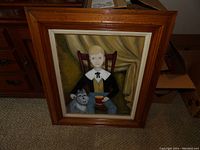 Front view of the wooden framed painting depicting a boy with dog, showing full artwork and frame.