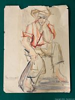 Full view of signed pencil and watercolour sketch depicting a seated man wearing a hat, barefoot, with some edge wear on paper