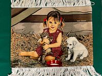 Full detailed view of the rug showing the girl, kitten, and puppy in a barn with straw.