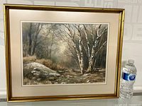 Full view of framed watercolour painting next to standard water bottle for scale, showing a forest scene with birch trees and mist.