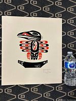 Full view of the First Nations silkscreen print beside a water bottle for size reference