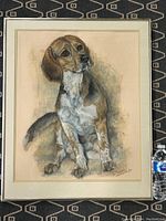 Full view of the framed acrylic painting showing a seated beagle dog on canvas with signature visible