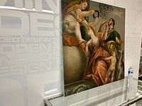 Full front view of 40x40 inch painting with scale reference bottle