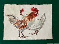Full view of the watercolour painting showing both roosters on paper with rough edges.