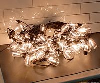 Photo showing lit string lights with multiple clear glass Edison style LED bulbs on black wire.