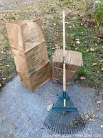 Photo showing leaf bags, boxed set of 30, next to green rake on concrete with grass background.