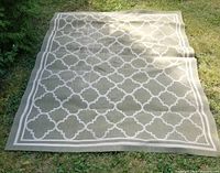 Full view of the Safavieh outdoor rug laid flat on grass showing the overall pattern and condition.