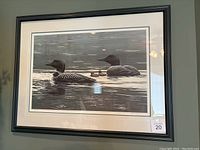 Framed print showing two common loons swimming with rain ripples on the water surface.