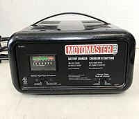 Front view showing brand, model, charge rates and battery type selector.