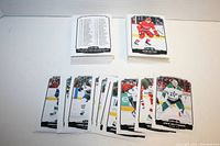 Photo of stacks and fanned out 2022/23 OPC hockey cards showing various players in different NHL team uniforms.