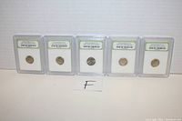 Five slabbed 2007-P Roosevelt dimes displayed upright in hard plastic holders. Each coin label shows International Numismatic Bureau certification and indicates Brilliant Uncirculated grade.