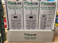 Front view of three MaxLite Energy Saving Power Strip boxes showing branding and product name.
