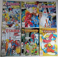 Seven Excalibur comic books laid out side by side showing covers including issues #5, 6, 7, 8, 9, 10, 11