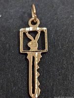 Close-up front view of gold key-shaped pendant with bunny head silhouette inside square frame at the top.