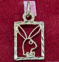 Front view of 10K gold pendant with Playboy Bunny logo inside rectangular frame on red background.