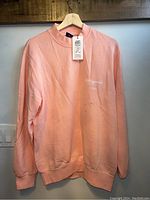 Front view of coral pink crew neck sweater with ribbed collar and cuffs, showing fabric texture and spot on front.