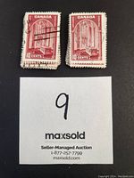 Two individual 10 cent Canada stamps from 1938 with cancellation marks, showing condition and detail.