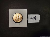 Obverse side of 2000 Sacagawea Dollar Coin featuring portrait of Sacagawea with child, in case with label '49'.