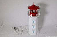 Full view of lighthouse showing white tower with three blue windows and red top light section with attached power plug and cord.