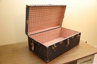 Open trunk showing pink plaid interior lining and black exterior with metal hardware on sides and edges.