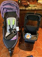 Two strollers side by side on tiled floor showing overall lot