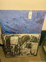 Two abstract paintings, one blue textured 30x40 canvas and one signed 24x30 canvas with geometric shapes and muted colors.