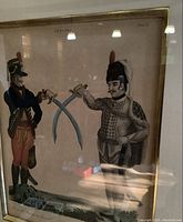 Close up of first print showing two uniformed soldiers crossing sabres under title 'FENCING' with Plate II marking