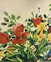 Close-up view of the flowers depicted in the oil painting on canvas, showing detailed brush strokes and colors of red tulips, yellow daffodils, and white flowers with green leaves.