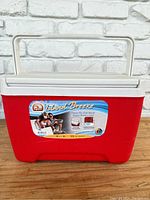 Front view of small 9 quart red and white Igloo cooler with label.