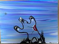 Front view of the painting showing the entire artwork including the bear silhouette, sun design, trees, sky and signature.