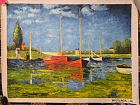 Full view of the oil painting showing red boats on a water body with reflections and a partly cloudy sky.